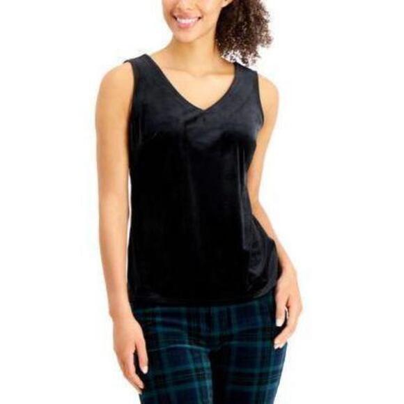 Charter Club Petite Velvet V-Neck Top Deep Black PL - Picture 1 of 3